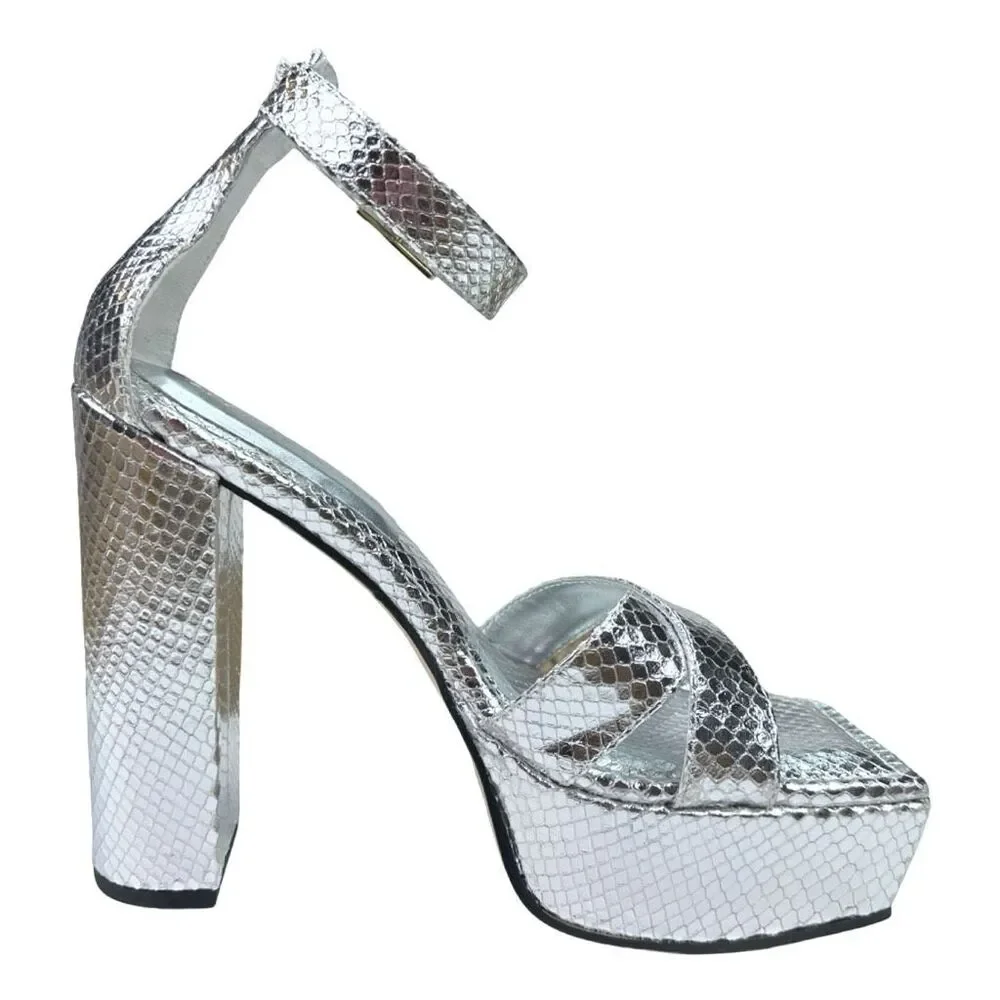 Good American Silver Snake Embossed Open Toe Platform Sandals - Size 8